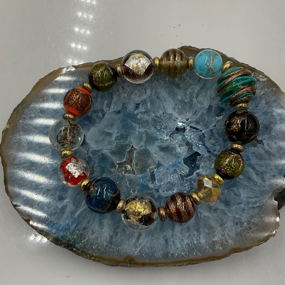 8” Fancy Murano Multicolor Glass Bead Stretch Bracelet - Picture 1 of 6